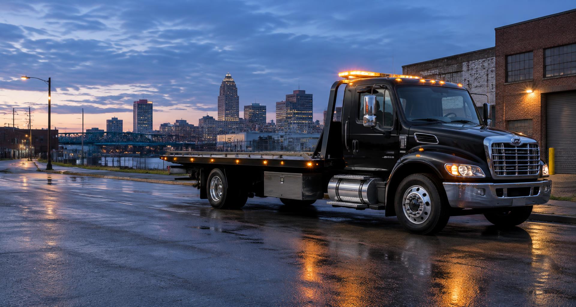 Illustrative flatbed tow truck with amber lights on a wet street at dusk