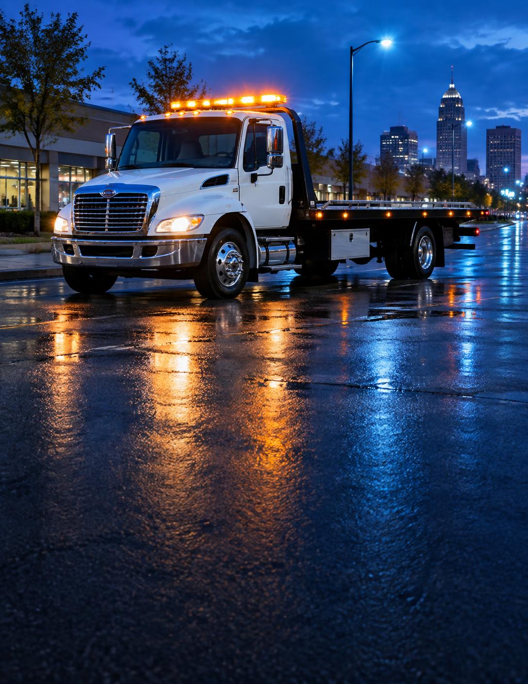 Illustrative tow truck with amber lights at night